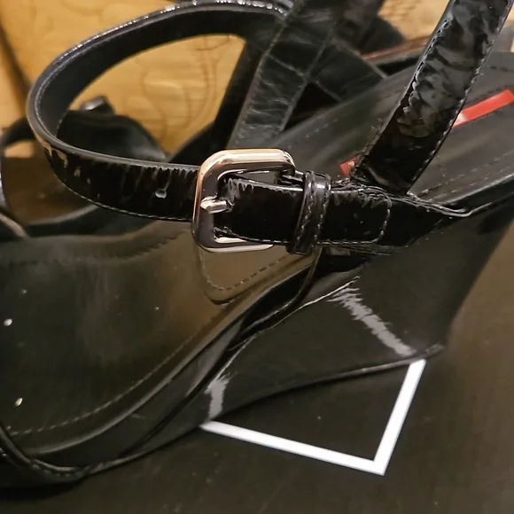 Prada Patten Leather Slingback Wedge Sandals - Picture 9 of 12